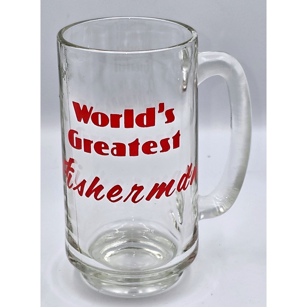 Vintage Worlds Greatest Fisherman Clear Glass Beer Mug Red Graphic Novelty Stein